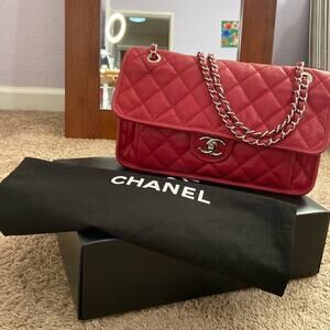 Authentic Chanel Red Medium Riviera Flap Quilted Leather Handbag